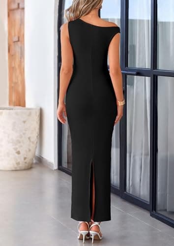 PRETTYGARDEN Women's 2025 Summer Formal Maxi Dresses Sleeveless One Shoulder Bodycon Ruched Mesh Wedding Guest Cocktail Dress (Black,Large) - Image 2