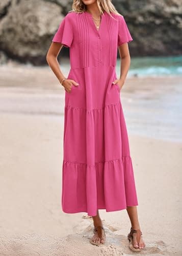 KIRUNDO Summer Maxi Dresses for Women 2025 Spring Fashion Short Sleeve Button V Neck Pleated Loose Tiered Swing Flowy Dress(Rose Red, X-Large) - Image 5