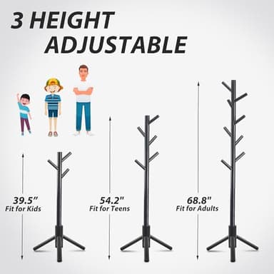 Unisakey Durable Wooden Coat Rack, Freestanding Coat Rack with Stable Triangular Base, 8 Hooks & 3 Adjustable Heights, Simple Assembly for Bedroom, Hallway, Office(New Black) - Image 7