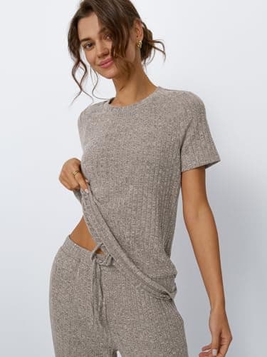 LILLUSORY 2 Piece Lounge Sets for Women Summer Vacation Outfits Fall Pajamas 2025 Matching Ribbed Casual Wide Leg Pants Sets Khaki L - Image 5