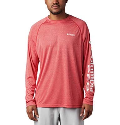 Columbia Men’s PFG Terminal Tackle Heather Long Sleeve Shirt, Sun Protection, Red Spark Heather/White Logo,Medium - Image 4
