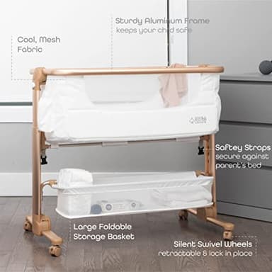 KoolerThings Baby Bassinet, Bedside Sleeper for Baby, Easy Folding Portable Crib with Storage Basket for Newborn, Bedside Bassinet, Comfy Mattress/Travel Bag Included (Bassinet) (White & Gold) - Image 2
