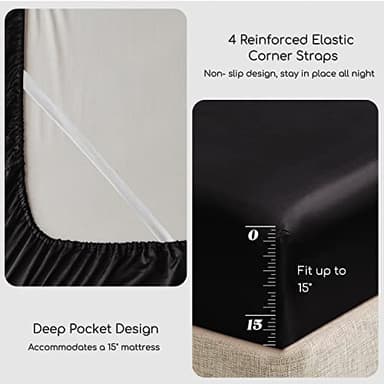MR&HM Satin Sheets Full Size with Elastic Corner Straps, 4-Piece Silky Bedding Set, Deep Pocket 15 Inches, Good for Hair & Skin (Full, Black) - Image 5