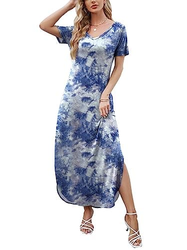 HUSKARY Women's Summer Maxi Dress Casual Loose Pockets Long Dress Short Sleeve Split - Image 3