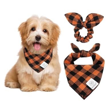 E-Clover Fall Dog Bandana & Matching Scrunchie-Orange Black Dog Bandanas Plaid Pet Scarf Bib for Small Dogs Puppy Girl Boy Owner Gift Orange - Image 1
