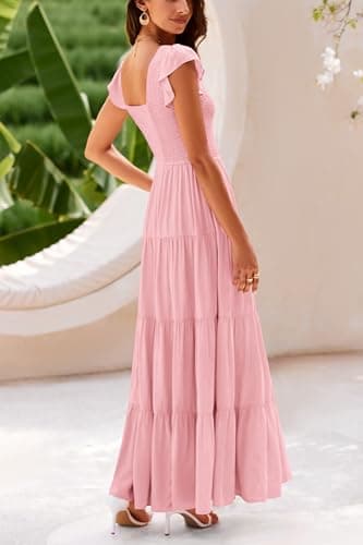 PRETTYGARDEN Women's Summer Flowy Maxi Dress Casual Cap Sleeve V Neck Smocked Beach Sundress (Solid Pink,Medium) - Image 2