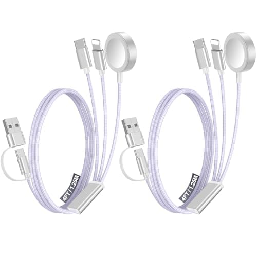 2Pack Multi Fast Charging Cable for Travel Vacation Essentials,Apple Watch Charger,iPhone Charger[3-in-2]USB A/Type C/Lightning Cable for iWatch,iPhone 16-11,Nintendo Switch,Airpods,Car,Camping-Purple - Image 1