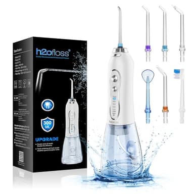 H2ofloss Water Dental Flosser Portable Dental Oral Irrigator with 5 Modes, 6 Replaceable Jet Tips, Rechargeable IPX7 Waterproof Teeth Cleaner for Home and Travel -300ml Detachable Reservoir (HF-6) - Image 1