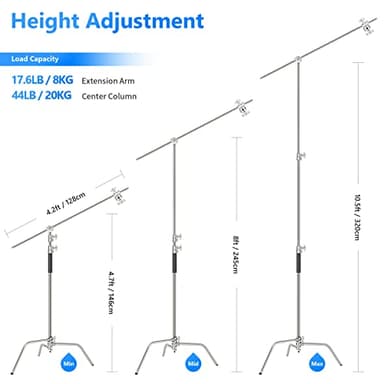 NEEWER Pro 100% Stainless Steel Heavy Duty C Stand with Boom Arm, Max Height 10.5ft/320cm Photography Light Stand with 4.2ft/128cm Holding Arm, 2 Grip Head for Studio Monolight, Softbox, Reflector - Image 2