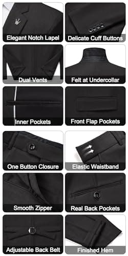 MAGE MALE Mens Suits Slim Fit 3 Piece Tuxedo Suit One Button Solid Prom Wedding Party Blazer Vest Pants Set with Tie Brilliant Black - Image 3