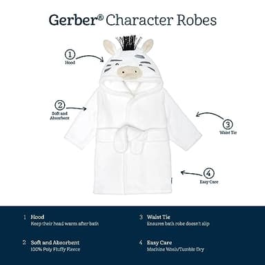 Gerber Baby Hooded Animal Character Bathrobe, Grey Zebra, 0-9 Months - Image 5