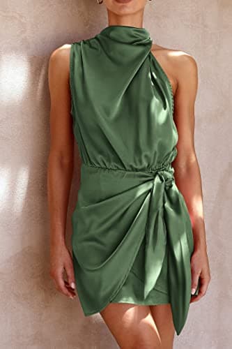 PRETTYGARDEN Women's Short Formal Satin Dress Summer Sleeveless Mock Neck Tie Waist Cocktail Party Dresses (Army Green,Small) - Image 2