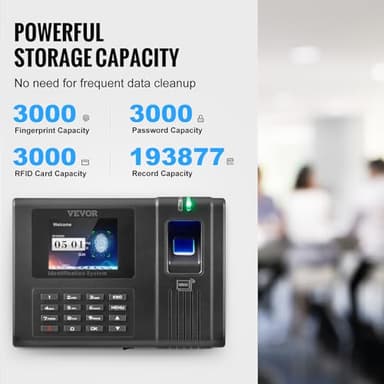 VEVOR Time Clock, Employee Attendance Machine with Fingerprint, RFID and PIN Punching in One, Standalone Biometric Clock in Machine for Employees Small Business with 5 RFID Cards & No Monthly Fees - Image 3