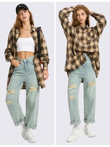 EXLURA Womens Plaid Flannel Shacket Long Sleeve Button Down Shirts Long Jackets Oversized Spring Fashion Outfits 2025 Clothes Khaki Black - Image 3