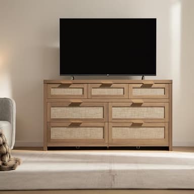 SICOTAS 7 Drawer Dresser for Bedroom, 57" Wide Rattan Dressers, Large Chest of Drawers for Bedroom, Dresser TV Stand, Boho Closet Organizer (Reclaimed Caramel Oak, 7 Drawers (1 pc)) - Image 7