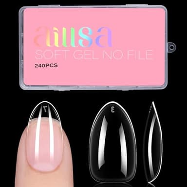 AILLSA Short Almond Nail Tips, 15 Sizes 240PCS Preshaped Soft Clear Gel Nails Tips Full Cover False Nails Tip Short Almond Shaped Tips - Image 1