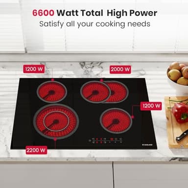 GASLAND Electric Cooktop 30 Inch, 6600W Radiant Glass Stove Top CH77BF Drop-in 4 Cooking Zones Ceramic Cooktop with 9 Power Levels, Sensor Touch Control, Child Safety Lock, 240V, 1-99 Minute Timer - Image 4