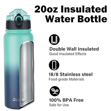 Oldley Insulated Water Bottle 20oz for Adults Kids Stainless Steel Water Bottles with Straw/Chug/Carabiner 3 Lids Fruit Strainer Double Wall Vacuum Wide Mouth BPA Free Leak-Proof for School Travel - Image 4