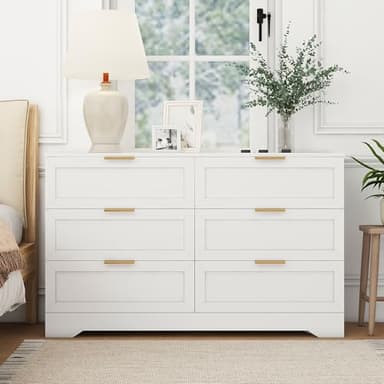 FTZxHKLX White 6 Drawer Dresser for Bedroom, Modern Dresser Chest of Drawer with Large Drawers & Rose Gold Handles, Wooden Dressers Drawer Storage Unit for Bedroom, Living Room, Closet - Image 5