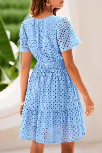 PRETTYGARDEN Womens 2025 Summer Short Dress V Neck Short Sleeve A Line Hollow Out Lace Ruffle Cute Casual Beach Party Dresses (Light Blue,Large) - Image 2