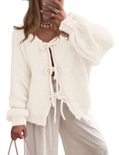PRETTYGARDEN Women's Tie Front Bow Cardigan Sweaters Chunky Knit Long Puff Sleeve Trendy Fall Winter Jacket Coats (White,Small) - Image 1