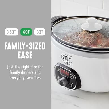 GreenLife 6QT Slow Cooker, Non-Toxic PFAS-Free Ceramic Nonstick Removable Interior Bowl, Programmable, Family Friendly, Keep Warm, Stovetop & Oven Safe, Dishwasher Safe Parts, Timer, Glass Lid, White - Image 11