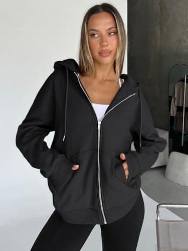 Trendy Queen Womens Zip Up Hoodies Oversized Sweatshirts Fall Fashion Outfits Sweaters Casual Jackets 2024 Winter Clothes Black M - Image 3