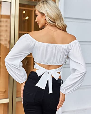 MIRACMODA Woman Off Shoulder Ruched Tie Back Crop Top Summer Lantern Sleeve Boho Shirt Blouse A-White - Image 3