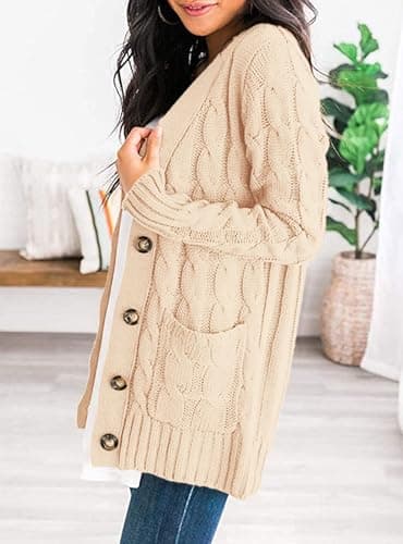 PRETTYGARDEN Women's Open Front Cardigan Sweaters Fall Fashion Button Down Cable Knit Chunky Winter Clothing Outerwear Coats (Beige,Small) - Image 4