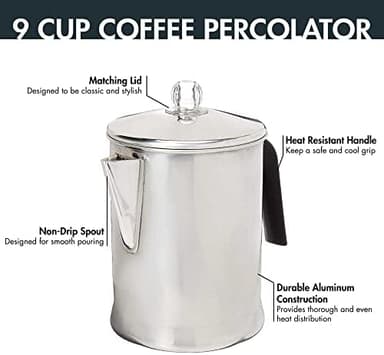 Primula Today Aluminum Stove Top Percolator Maker Durable, Brew Coffee On Stovetop, 9 Cup, Silver - Image 6