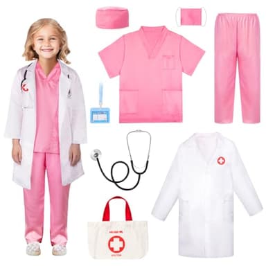 Meland Doctor Costume for Girls - Kids Scrubs with Lab Coat & Carry Bag, Doctor Dress Up for Halloween, Career Day Role Play(Pink,3-4 Years) - Image 1