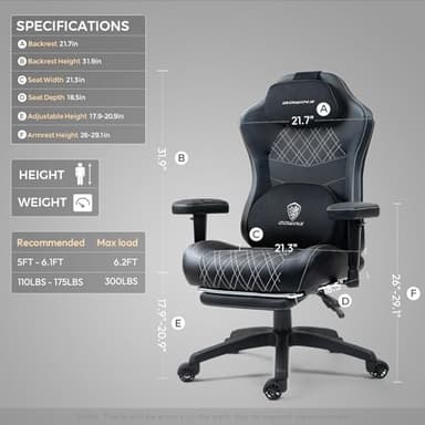 Dowinx Heated Massage Gaming Chair for Adults - Ergonomic Reclining Computer Chair with Pocket Spring Cushion and Adjustable Footrest, Heavy Duty Gaming Chair with Lumbar Support, Black White - Image 2