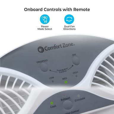 Comfort Zone Window Fan for Bedroom, 9 inch 3 Speed Dual Fans with Auto-Locking Expanders, 3 Modes (Cool, Circulate, Exhaust), Remote Control, Fabric Cover plus Bug Screen, White - Image 2
