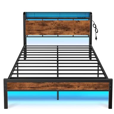 Furnulem Queen Bed Frame with Charging Station and LED Lights,Industrial Platform Beds Queen Size with Storage Headboard,USB Port,Rustic Wood and Strong Metal Support,No Box Spring Needed, Noise Free - Image 7