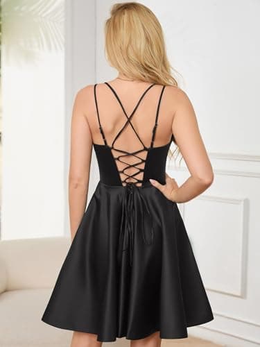 GOOSPRAN Homecoming Dresses for Teens Knee Length Spaghetti Strap with Pockets Satin Backless Prom Dress Black 4 - Image 4