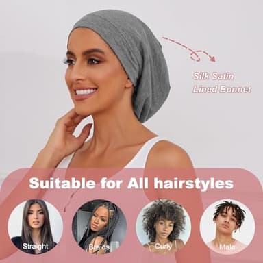 ZHENSILK Silk Satin Bonnet Satin Lined Sleep Cap Hair Wrap for Sleeping Hair Cover Slouchy Beanie Hat for Women Men 2PCS(Black&Grey) - Image 4