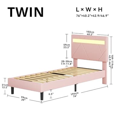 LIKIMIO Twin Bed Frame with LED Lights(Smart APP Control), Upholstered Modern Platform Bed Frame, No Box Spring Needed/Noise-Free/Easy Assembly, Pink - Image 2