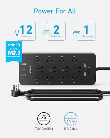 Anker (Pack of 2) Surge Protector Power Strip (2100J), 12 Outlets with 1 USB C and 2 USB Ports for iPhone 15/15 Plus/15 Pro/15 Pro Max, 5feet Extension Cord, Flat Plug, 20W for Home,Office,TUV Listed - Image 2