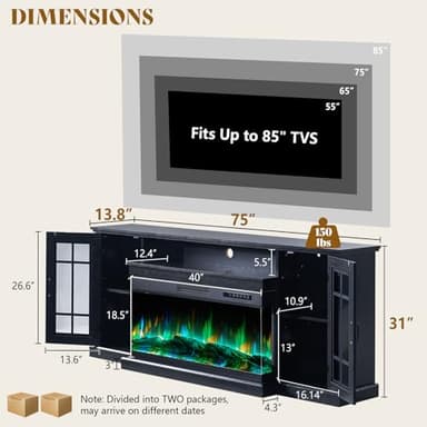 AMERLIFE 75in 3-Sided Glass Fireplace TV Stand with LED Lights for TVs up to 85", Rustic Fireplace Media Entertainment Center Console Cabinet Table with Glass Door Closed Storage, Black - Image 2