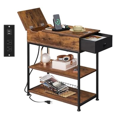 WLIVE Narrow Side Table with Charging Station, End Table for Living Room, Couch Side Table with Fabric Drawer for Bedroon, 11.8‘’W 23.6‘’L 24‘’H, Rustic Brown - Image 1