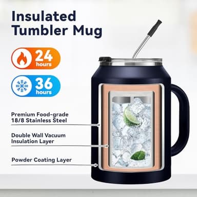 BENZZO 50 oz Tumbler with Handle and Straw Large Coffee Travel Mug Insulated Water Jug Thermal Cup Cold and Hot with Lid - Image 5