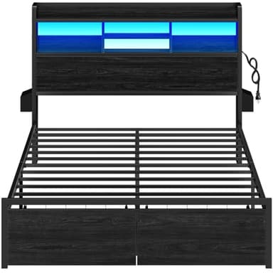 Furnulem Queen Bed Frame with Wood Headboard and Storage Shelf, Metal Platform Bed Frame Queen Size with Storage Drawers, LED Lights and Charging Station, No Box Spring Needed, Noise Free, Black - Image 9