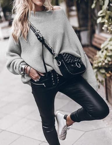 Womens Crewneck Pullover Sweaters Dressy Loose Casual Oversized Ribbed Knit Jumper Tops - Image 3