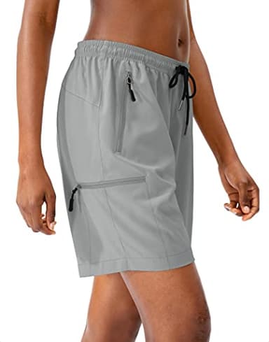 SANTINY Women's 5''/ 7''/9'' Hiking Cargo Shorts Quick Dry Lightweight Summer Shorts for Women Athletic Golf Zipper Pockets(Light Grey_L) - Image 2
