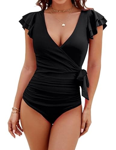 Blooming Jelly Women's Tummy Control Swimsuits Slimming One Piece Bathing Suit Modest Swimwear Ruffle Wrap V Neck Swimming Suit (Black,Medium) - Image 1