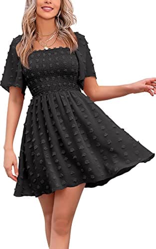 EXLURA Women's 2025 Summer Casual Square Neck Dresses Ruffle Short Sleeve Swiss Dot Flowy Mini Dress Black - Image 1