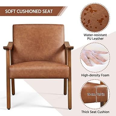Yaheetech PU Leather Accent Chair, Mid-Century Modern Armchair with Solid Wood Legs, Reading Leisure Chair with High Back for Living Room Bedroom Waiting Room, Light Brown - Image 8