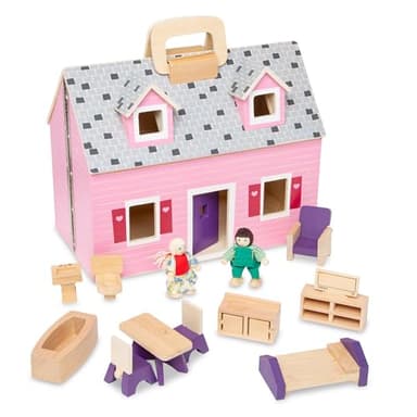 Melissa & Doug Fold and Go Wooden Dollhouse with 2 Dolls and Wooden Furniture,Multi,One Size - Image 1
