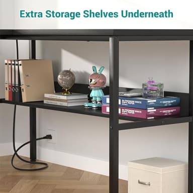 Hyomdeck Reversible L Shaped Computer Desk with Power Outlets and USB Charging Ports, Sturdy Corner Desk with Storage Shelf, Modern Work Gaming Table for Home Office, Easy to Assemble, Black - Image 6