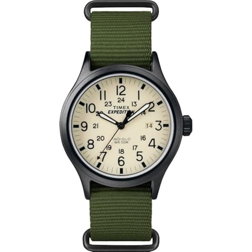 Timex Men's Expedition Scout 40mm Watch – Black Case Cream Dial with Green Fabric Strap - Image 1